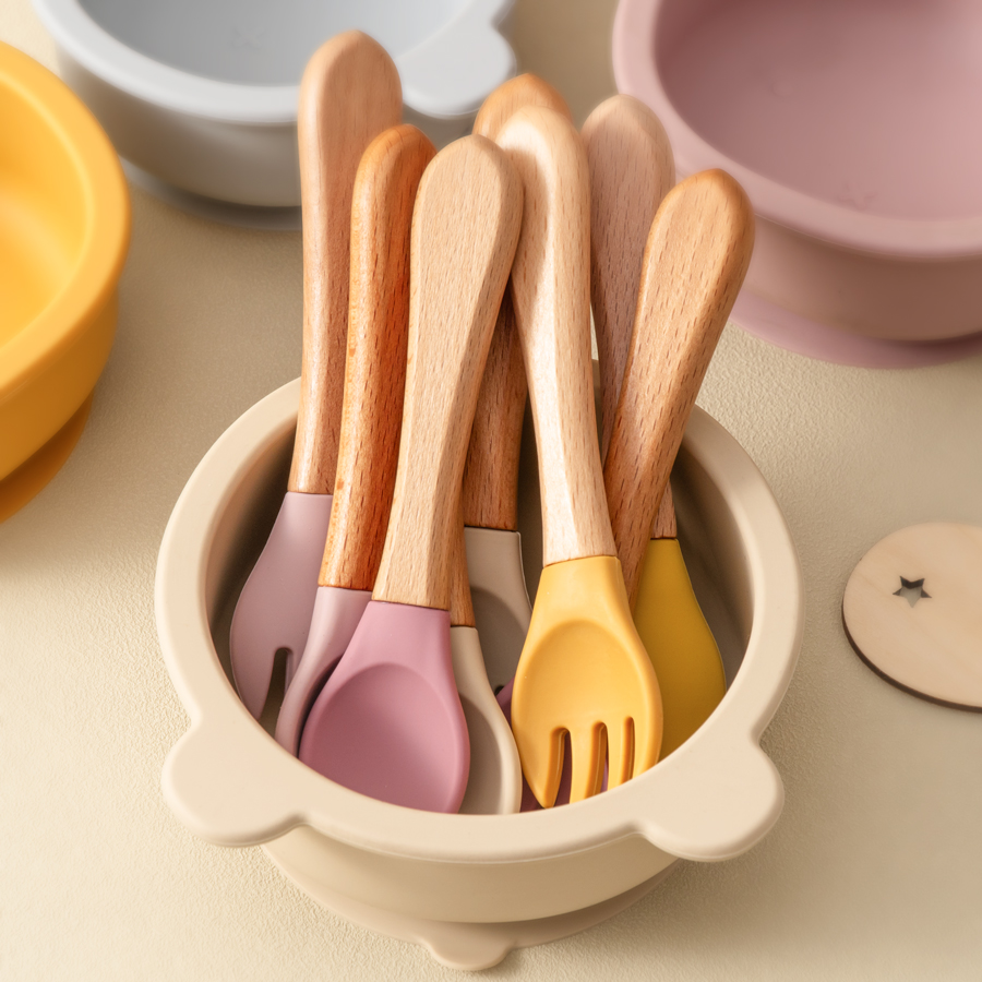 Baby Food Utensils - Mamaplan Silicone Baby Spoon Fork Wooden